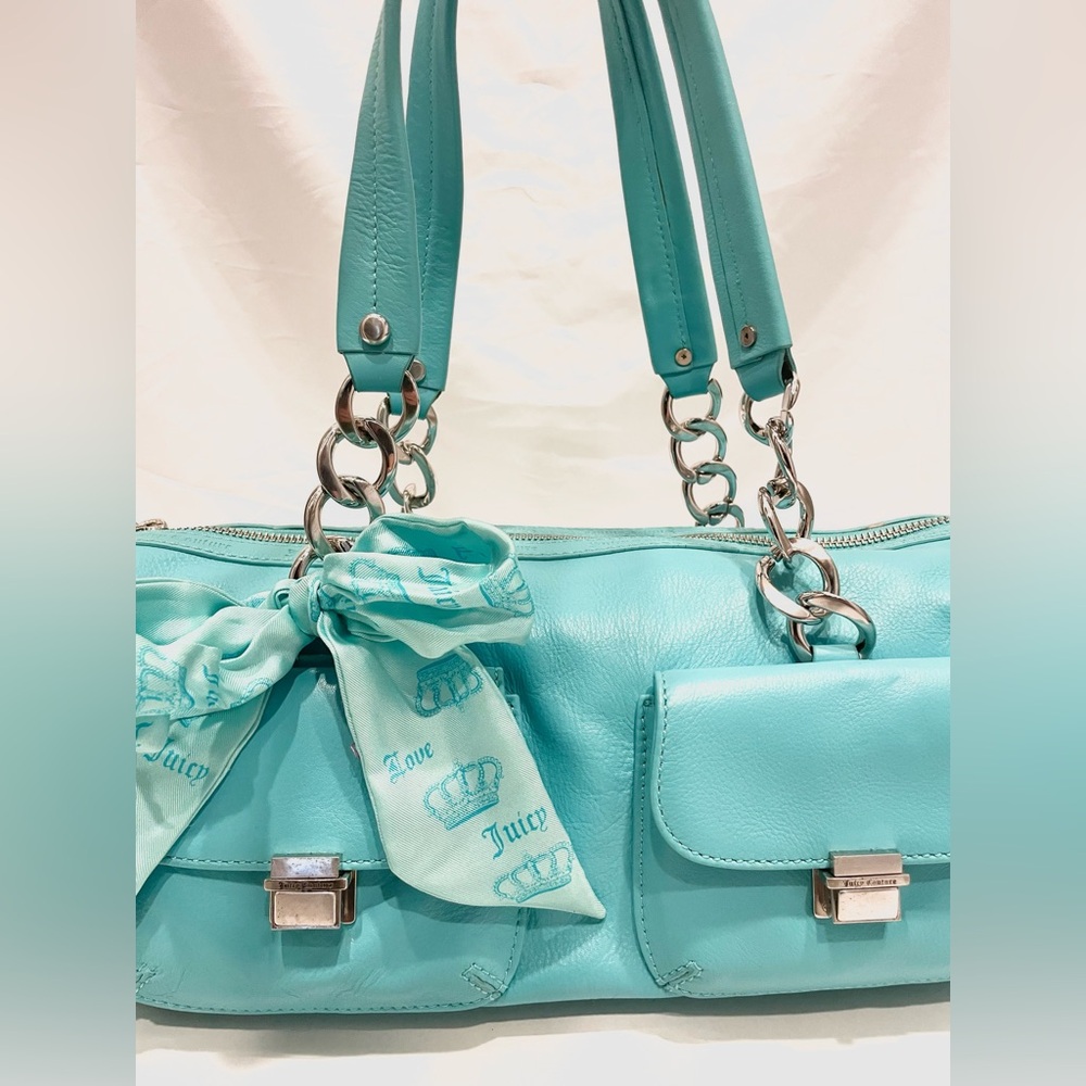 RARE NWT JUICY COUTURE VINTAGE Blue Leather Silver Accent Silk Bow Barrel Bag - Picture 3 of 15